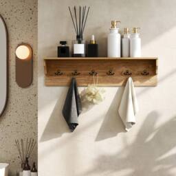Costway 80CM Coat Rack w/6 Hooks Entryway Hanging Shelf Wall Floating Shelf in Natural - thumbnail 9