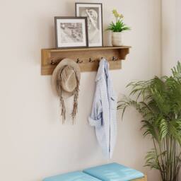 Costway 80CM Coat Rack w/6 Hooks Entryway Hanging Shelf Wall Floating Shelf in Natural - thumbnail 6