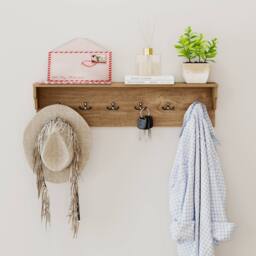 Costway 80CM Coat Rack w/6 Hooks Entryway Hanging Shelf Wall Floating Shelf in Natural - thumbnail 7