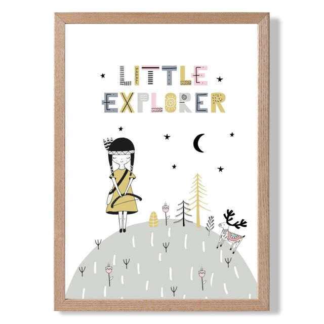 ARTZE Cute Little Explorer Scandi Quote Framed Print SIZE: A3 with Oak Frame in Pink - Size: A4 - image 1