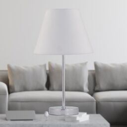 First Choice Lighting Chrome Stick Table Lamp with Ivory Off-White Fabric Shade in Silver - thumbnail 2