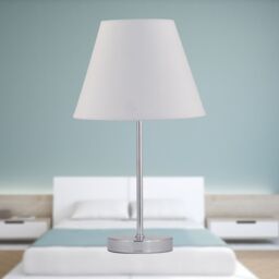 First Choice Lighting Chrome Stick Table Lamp with Ivory Off-White Fabric Shade in Silver - thumbnail 3