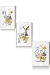 ARTZE Geometric Line Art Yellow Stags Tree Set Framed Wall Art - Small in White - Size: W33 cm x H45 cm x D20mm