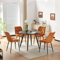 SONARA Black Marble 4 Seater Dining Table With 4 Velvet Chairs Sets in Orange - thumbnail 1