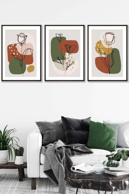 ARTZE Set of 3 Black Framed Line Art Autumn Flowers on Green Yellow Boho Shapes Wall Art - Size: W33 cm x H45 cm x D20mm - image 1