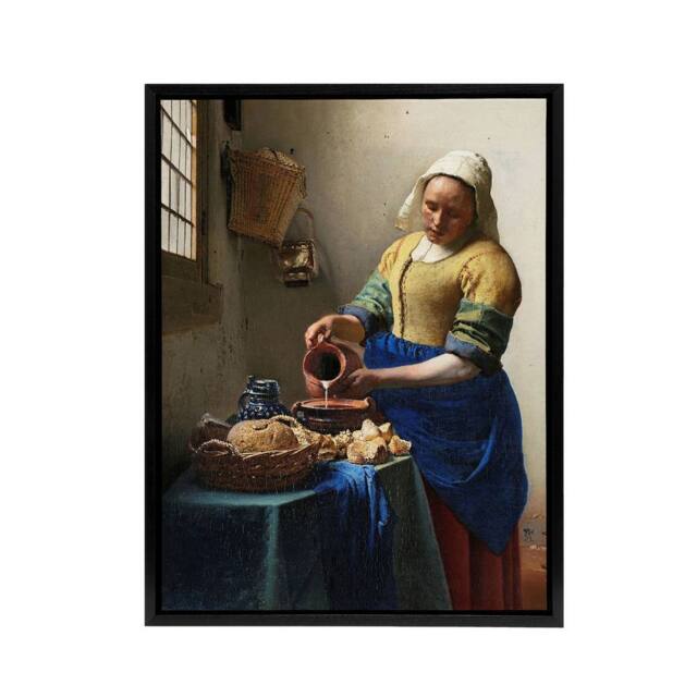 "Artery8 The Milkmaid Portrait Vermeer Vintage Black Framed Canvas Wall Art in Beige - Size: W12"" x H16""" - image 1