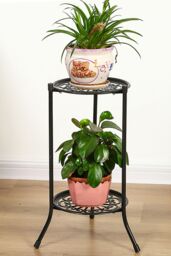 Living and Home Vintage 2 Tier Metal Plant Display Stand Flower Holder Rack in Black - thumbnail 1