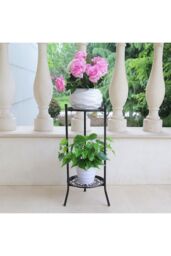 Living and Home Vintage 2 Tier Metal Plant Display Stand Flower Holder Rack in Black - thumbnail 5