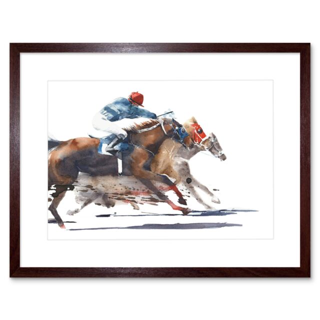"Artery8 Wall Art Print Racing Horses with Jockey Art Framed 9x7 inch in Brown - Size: W7"" x H9""" - image 1