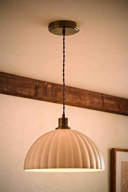 ValueLights Bourton Cream Ribbed Dome Pendant Ceiling Light with Bulb in Gold - image 1