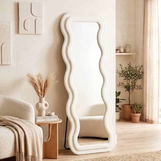HOMCOM Full Length Mirror, 160 x 60 cm Velvet Wall Standing Mirror, Cream - Size: 160 cm x 60 cm - image 1