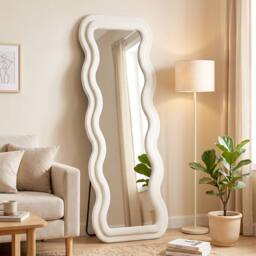 HOMCOM Full Length Mirror, 160 x 60 cm Velvet Wall Standing Mirror, Cream - Size: 160 cm x 60 cm - thumbnail 2