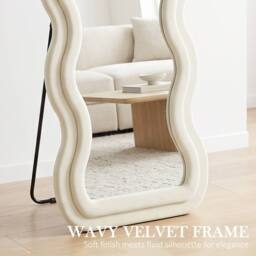 HOMCOM Full Length Mirror, 160 x 60 cm Velvet Wall Standing Mirror, Cream - Size: 160 cm x 60 cm - thumbnail 4