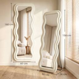HOMCOM Full Length Mirror, 160 x 60 cm Velvet Wall Standing Mirror, Cream - Size: 160 cm x 60 cm - thumbnail 3