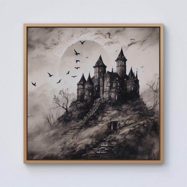 Warren Reed - Designer A Realistic Ink Drawing Of A Haunted Castle Framed Canvas in Light Brown - Size: w40 inch x h40 inch - image 1
