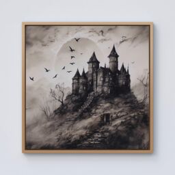 Warren Reed - Designer A Realistic Ink Drawing Of A Haunted Castle Framed Canvas in Light Brown - Size: w40 inch x h40 inch - thumbnail 1