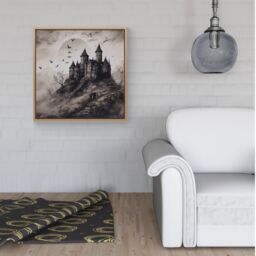 Warren Reed - Designer A Realistic Ink Drawing Of A Haunted Castle Framed Canvas in Light Brown - Size: w40 inch x h40 inch - thumbnail 2