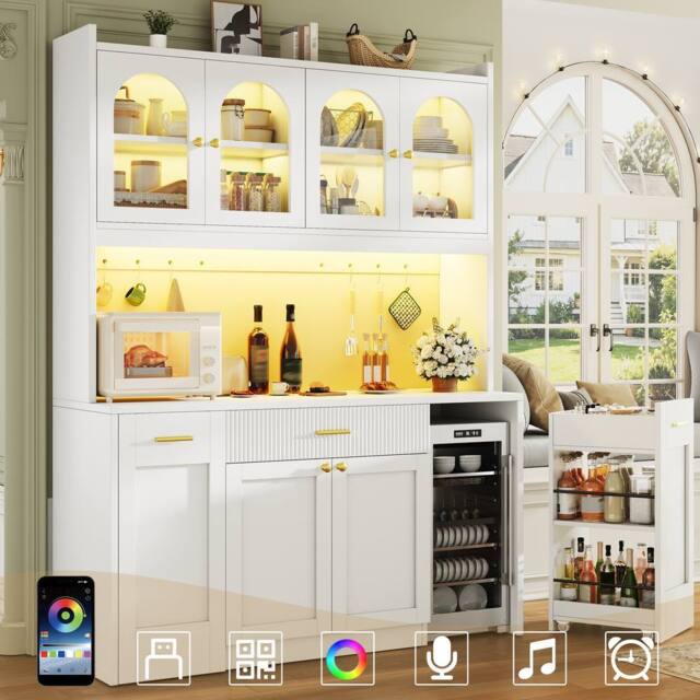 Merax Tall Kitchen Dresser Cabinet with LED & Side Pull-Out Shelves in White - image 1