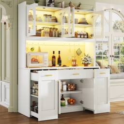 Merax Tall Kitchen Dresser Cabinet with LED & Side Pull-Out Shelves in White - thumbnail 4