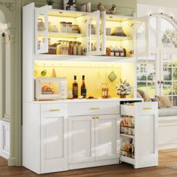 Merax Tall Kitchen Dresser Cabinet with LED & Side Pull-Out Shelves in White - thumbnail 2