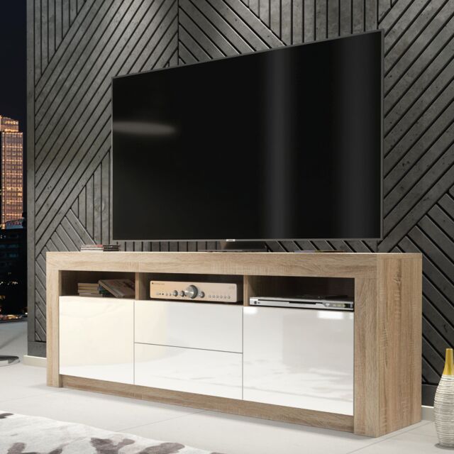 Creative Furniture TV Unit 160cm Modern - Oak with High Gloss White Doors in Light Oak - image 1