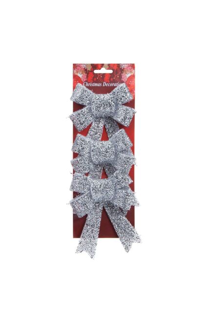 VFM e-Store Tinsel Bows Christmas Decoration X 3 10cm x 13cm x 3cm Silver - Size: 10 cm x 13 cm x 3 cm - image 1