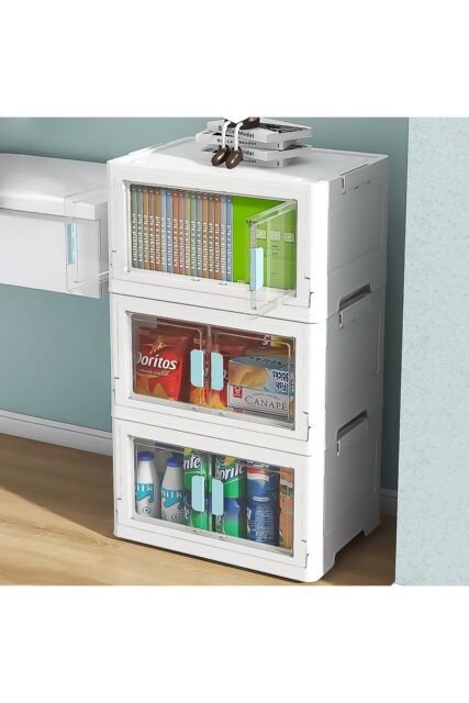 H&O Direct Set of 3 PP Collapsible Stackable Storage Boxes with Upper Lid & Transparent Front Door in White - image 1
