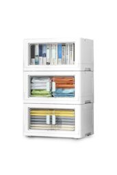 H&O Direct Set of 3 PP Collapsible Stackable Storage Boxes with Upper Lid & Transparent Front Door in White - thumbnail 3