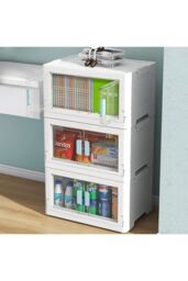 H&O Direct Set of 3 PP Collapsible Stackable Storage Boxes with Upper Lid & Transparent Front Door in White