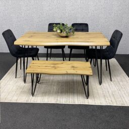 KOSY KOALA Dining Table Set with 4 Black Velvet Chairs & Bench Modern Dining Room Furniture in Brown
