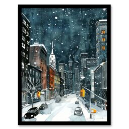 "Artery8 New York City Street Winter Night Snow Cityscape Framed Wall Art in Blue - Size: W12"" x H16""" - thumbnail 1
