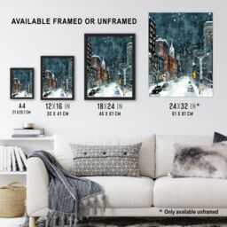 "Artery8 New York City Street Winter Night Snow Cityscape Framed Wall Art in Blue - Size: W12"" x H16""" - thumbnail 3
