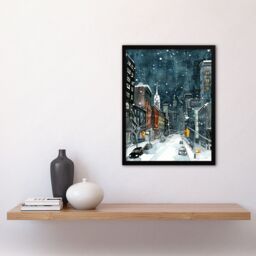 "Artery8 New York City Street Winter Night Snow Cityscape Framed Wall Art in Blue - Size: W12"" x H16""" - thumbnail 4