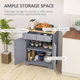 HOMCOM Rubber Wood Top Kitchen Side Cabinet with Adjustable Shelf, Grey - thumbnail 4