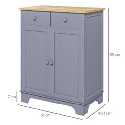HOMCOM Rubber Wood Top Kitchen Side Cabinet with Adjustable Shelf, Grey - thumbnail 3