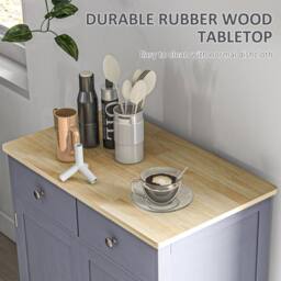 HOMCOM Rubber Wood Top Kitchen Side Cabinet with Adjustable Shelf, Grey - thumbnail 5