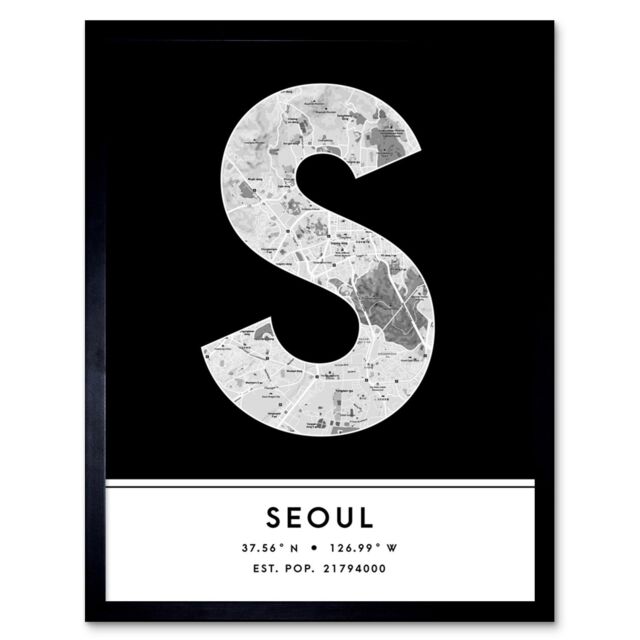 "Wee Blue Coo Wall Art Print Seoul South Korea City Map Modern Typography Stylish Letter Framed Word in Black - Size: W12"" x H16""" - image 1