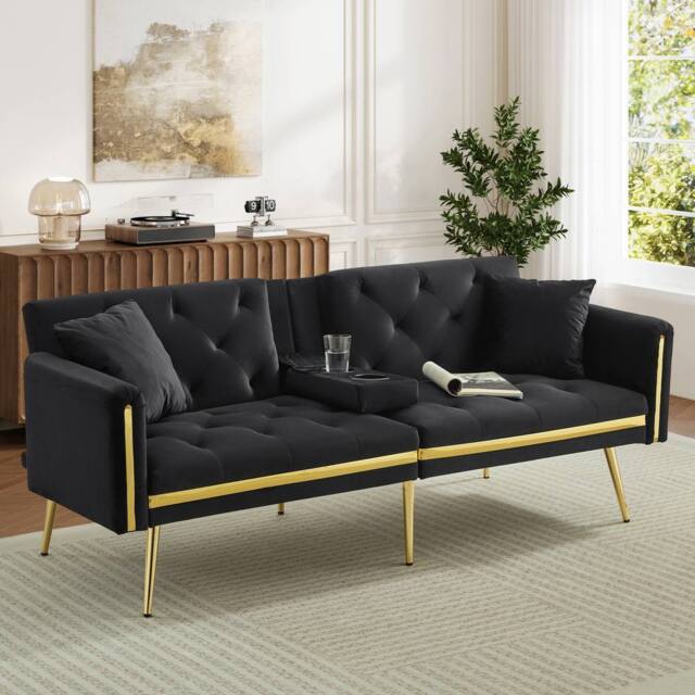Merax 174cm Velvet Sofa Bed with Fold-Down Cup Holders & Gold Trim in Black - image 1