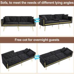Merax 174cm Velvet Sofa Bed with Fold-Down Cup Holders & Gold Trim in Black - thumbnail 5