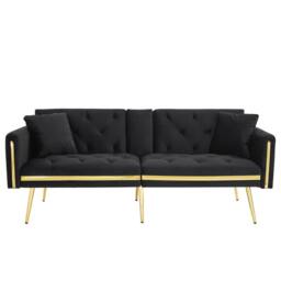 Merax 174cm Velvet Sofa Bed with Fold-Down Cup Holders & Gold Trim in Black - thumbnail 8