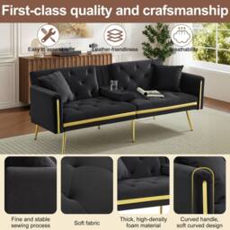 Merax 174cm Velvet Sofa Bed with Fold-Down Cup Holders & Gold Trim in Black - thumbnail 6