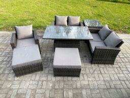 Fimous 7 Seater Outdoor Rattan Patio Furniture Set Garden Height Adjustable Rising Lifting Table Sofa Dining Sofa Set with Side Table 2 Big Footstool - thumbnail 1