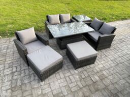Fimous 7 Seater Outdoor Rattan Patio Furniture Set Garden Height Adjustable Rising Lifting Table Sofa Dining Sofa Set with Side Table 2 Big Footstool - thumbnail 2