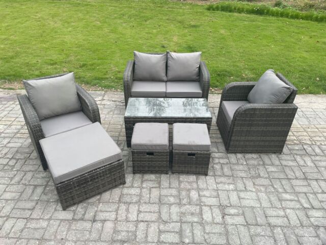 Fimous 7 Seater Rattan Lounge Sofa Set Outdoor Garden Furniture Set with Rectangular Coffee Table Love Sofa 3 Footstools in Dark Grey - image 1