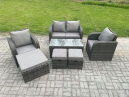 Fimous 7 Seater Rattan Lounge Sofa Set Outdoor Garden Furniture Set with Rectangular Coffee Table Love Sofa 3 Footstools in Dark Grey - thumbnail 1