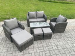 Fimous 7 Seater Rattan Lounge Sofa Set Outdoor Garden Furniture Set with Rectangular Coffee Table Love Sofa 3 Footstools in Dark Grey - thumbnail 2