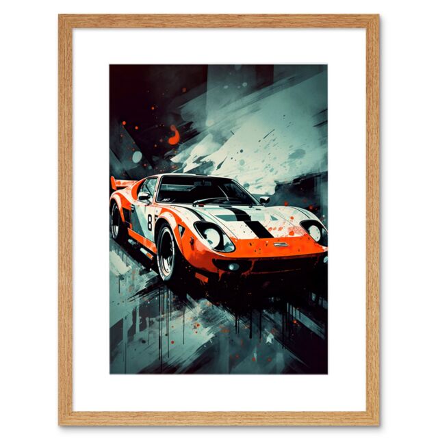 "Artery8 Wall Art Print Sports Car Racing Oil Painting Sports Supercar Driving Orange Gift for Him Artwork Framed 9X7 Inch in Beige - Size: W7"" x H9""" - image 1