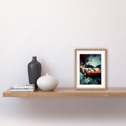 "Artery8 Wall Art Print Sports Car Racing Oil Painting Sports Supercar Driving Orange Gift for Him Artwork Framed 9X7 Inch in Beige - Size: W7"" x H9""" - thumbnail 2