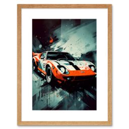 "Artery8 Wall Art Print Sports Car Racing Oil Painting Sports Supercar Driving Orange Gift for Him Artwork Framed 9X7 Inch in Beige - Size: W7"" x H9""" - thumbnail 1