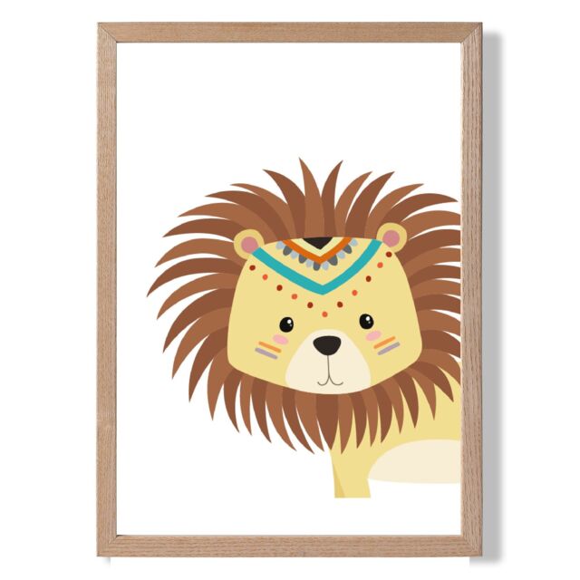 ARTZE Peeking Lion Tribal Animal Framed Print SIZE: A2 with Oak Frame in Yellow - Size: A4 - image 1